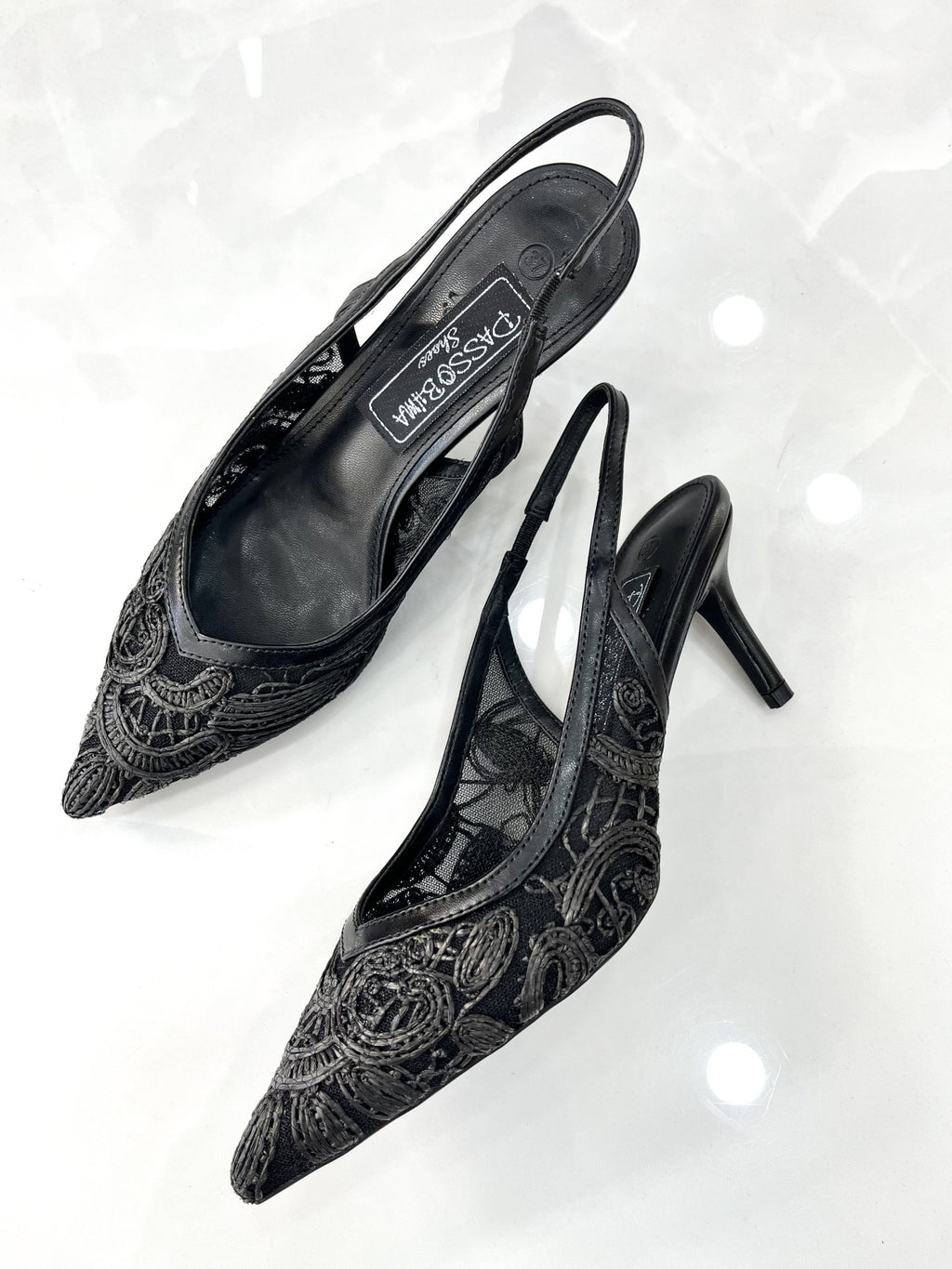Heels Mule με Λεπτό Μεσαίο Τακούνι Δαντέλα Black