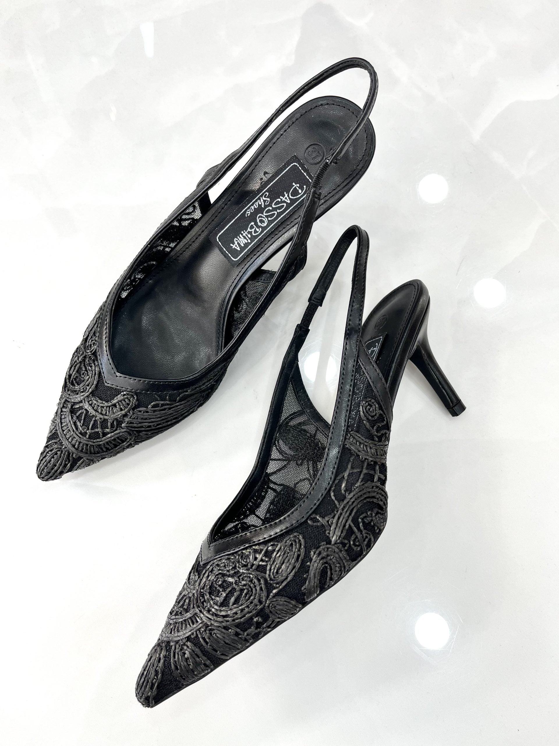 Heels Mule με Λεπτό Μεσαίο Τακούνι Δαντέλα Black