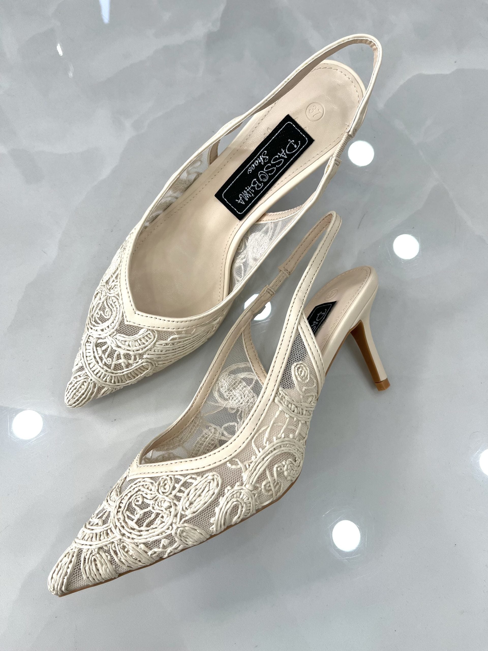 Heels Mule με Λεπτό Μεσαίο Τακούνι Δαντέλα Beige