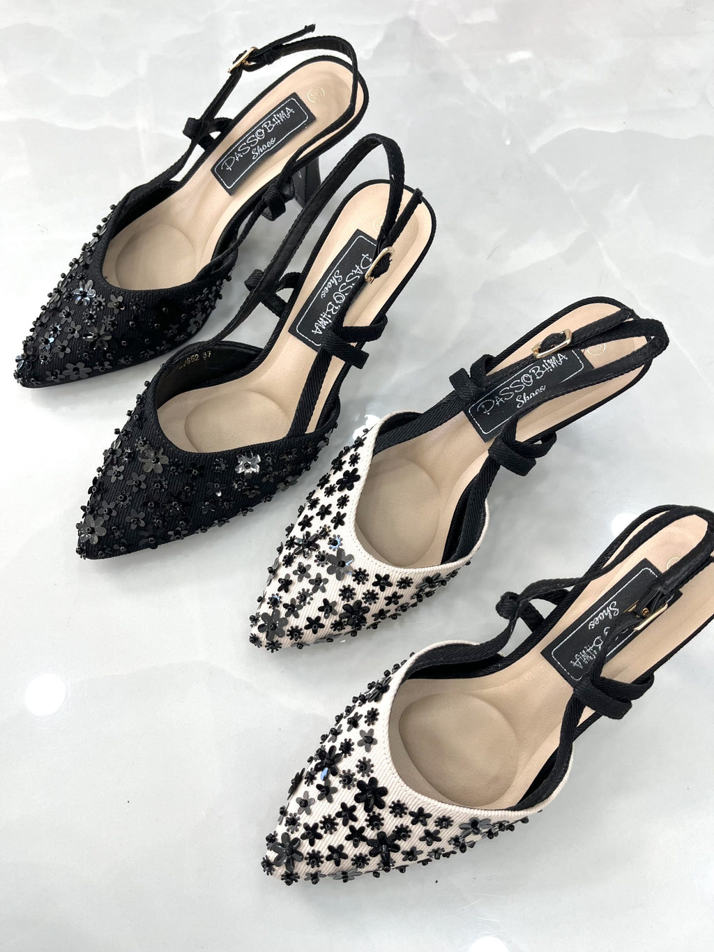 Heels Mule με Λεπτό Μεσαίο Τακούνι και Κεντημένο Σχέδιο Beige