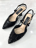 Heels Mule με Λεπτό Μεσαίο Τακούνι και Κεντημένο Σχέδιο Black