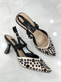 Heels Mule με Λεπτό Μεσαίο Τακούνι και Κεντημένο Σχέδιο Beige
