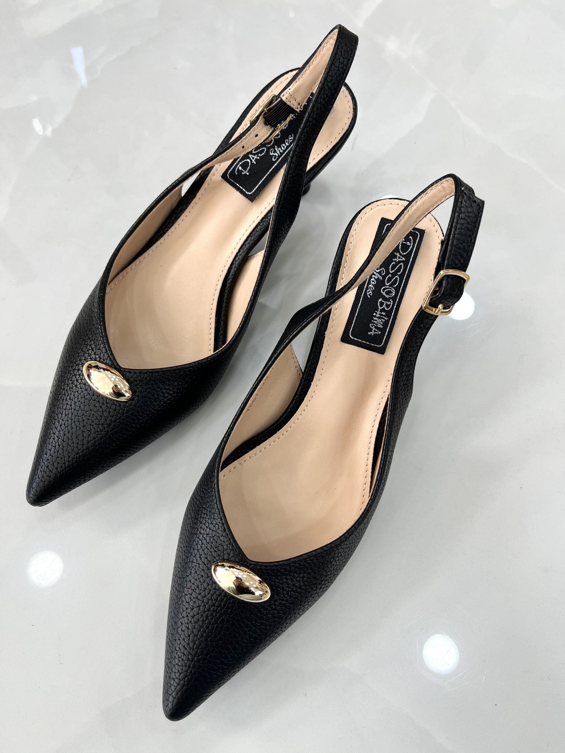 Heels Mule με Λεπτό Μεσαίο Τακούνι και Χρυσό Σχέδιο Black