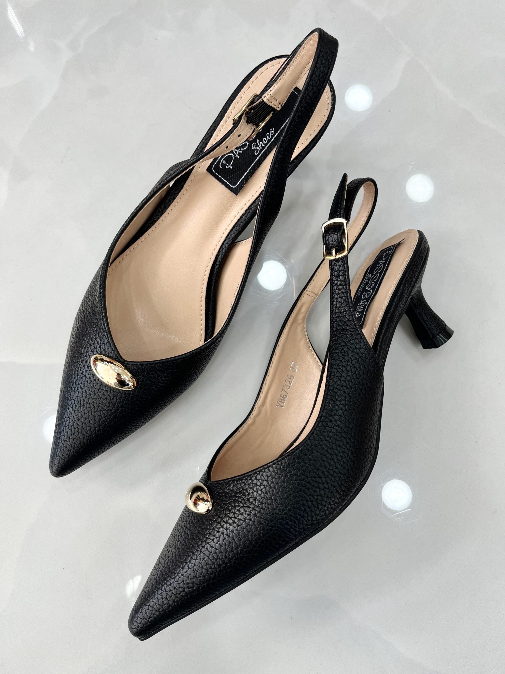 Heels Mule με Λεπτό Μεσαίο Τακούνι και Χρυσό Σχέδιο Black