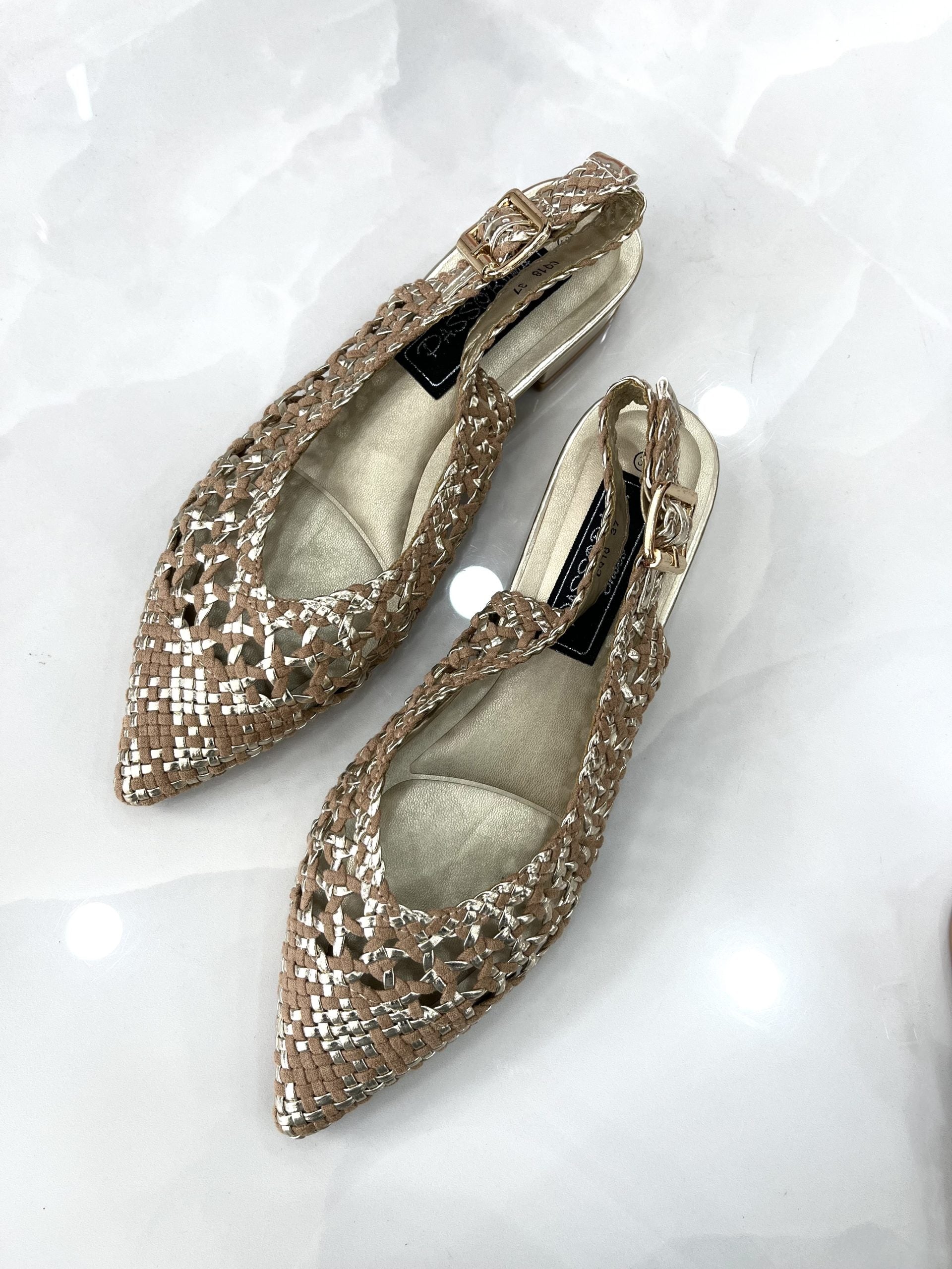 Slingback Φλατ με Σχέδιο Κέντημα Brown/Gold