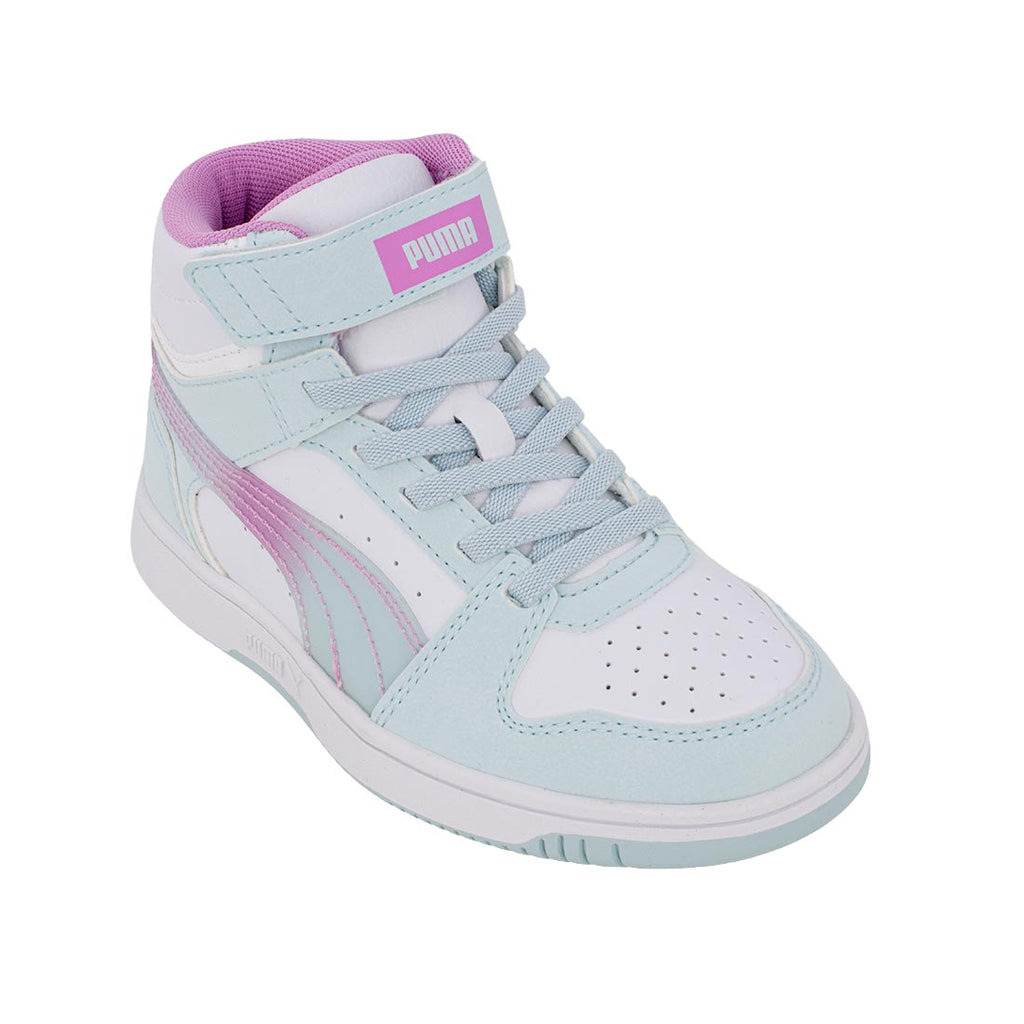 Puma Rebound V6 Mid FadedGlow AC+PS 408373 01 Αθλητικό μποτάκι για κορίτσι σε οικολογικό δέρμα Ιριδίζον-Ροζ/Μωβ-Μέντα