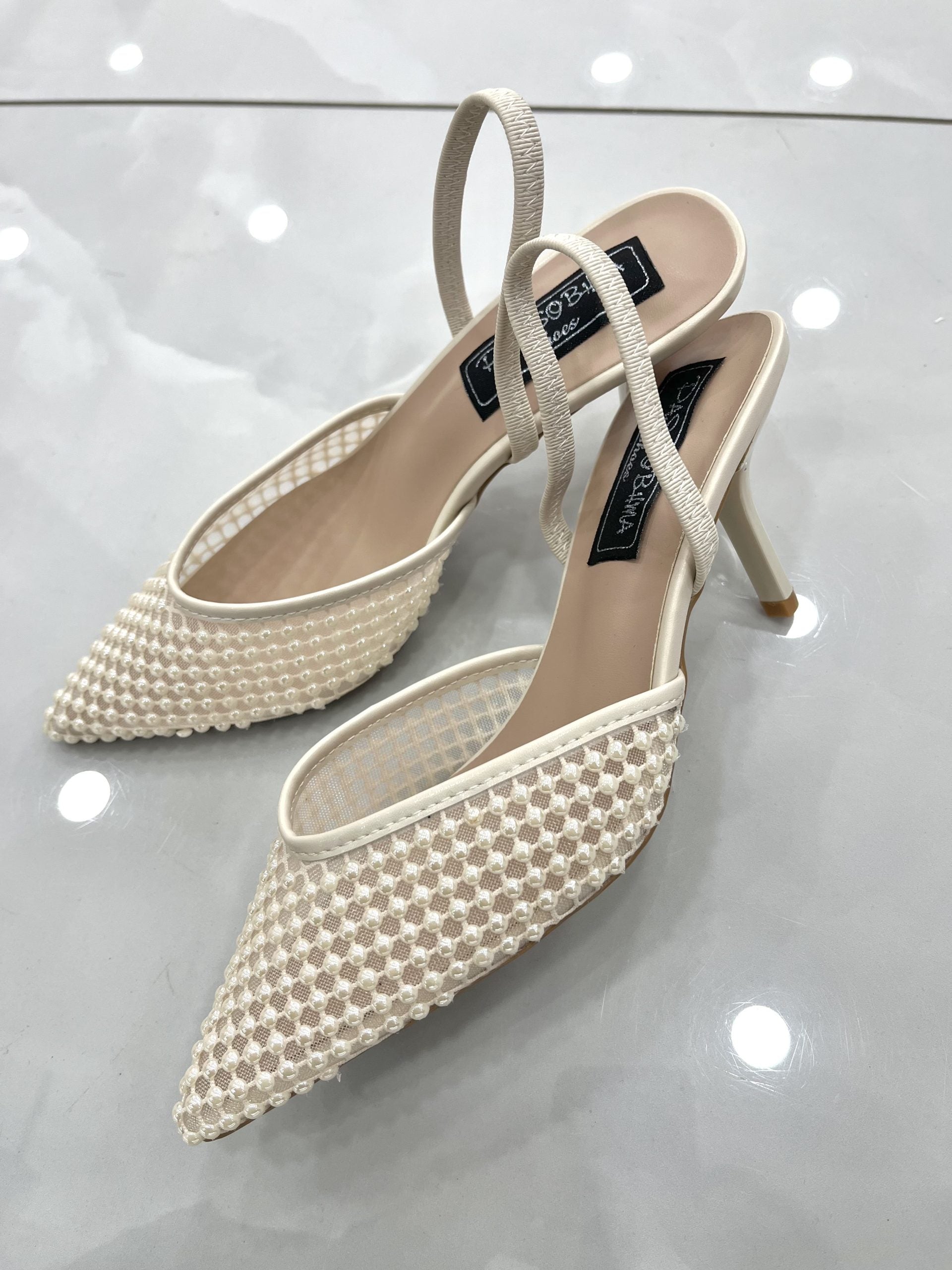 Heels Mule με Δαντέλα Beige