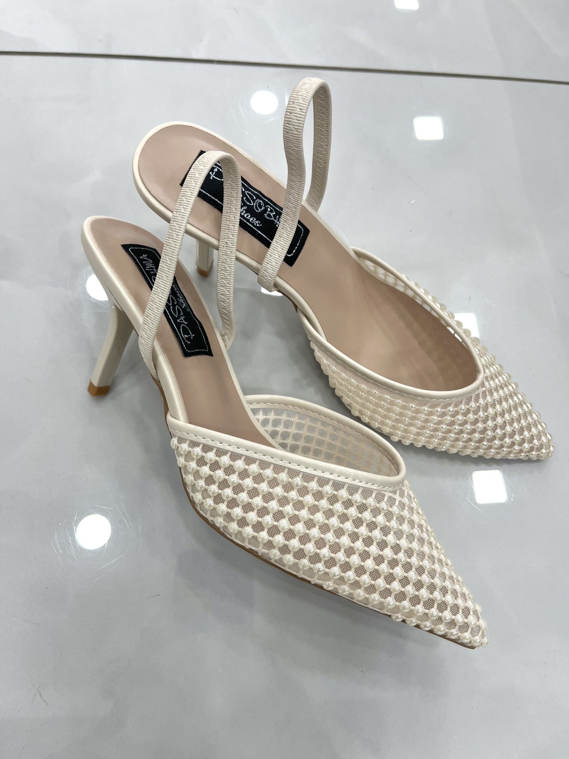 Heels Mule με Δαντέλα Beige