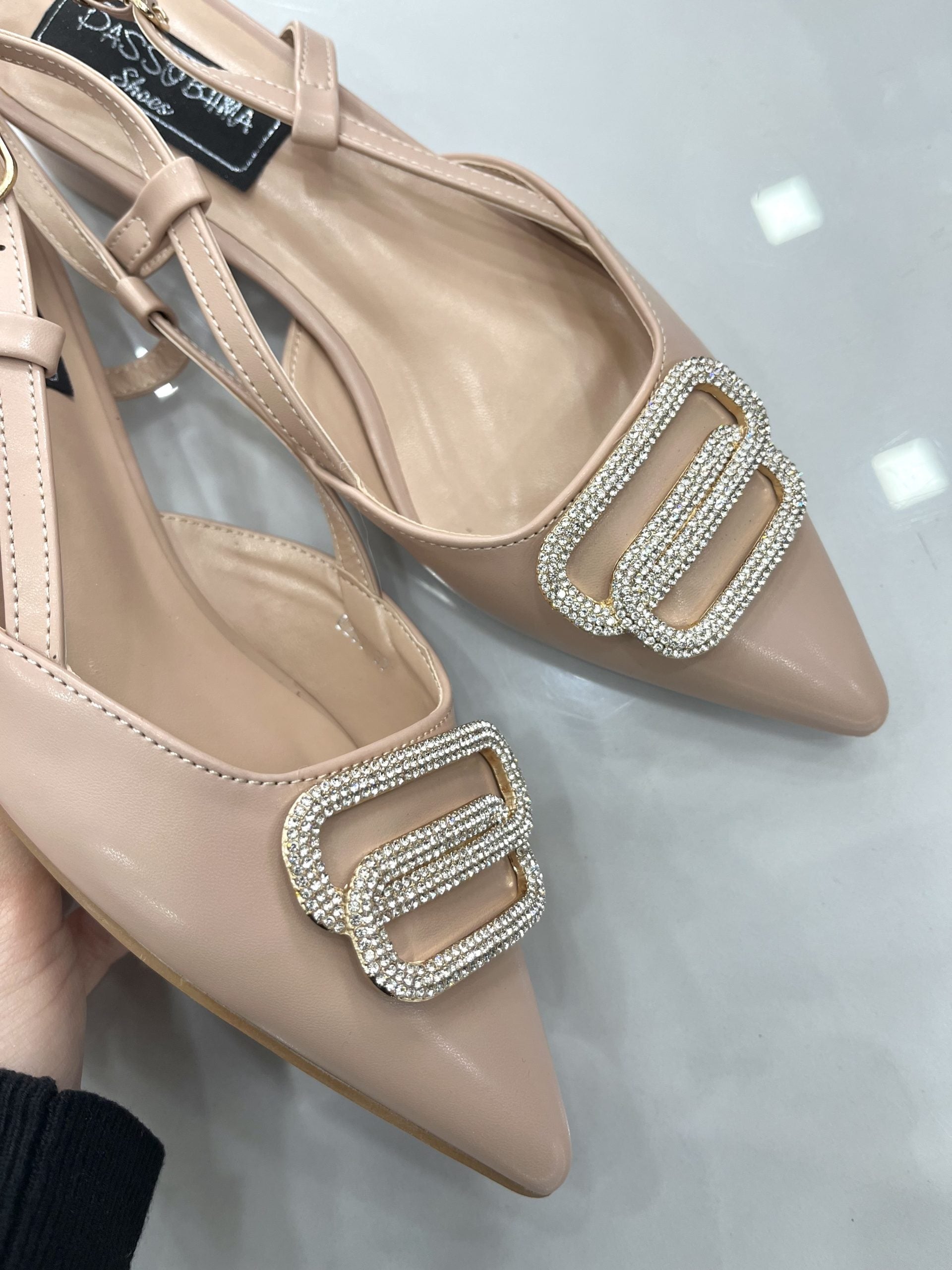 Slingback με Σχέδιο Strass Nude/Beige
