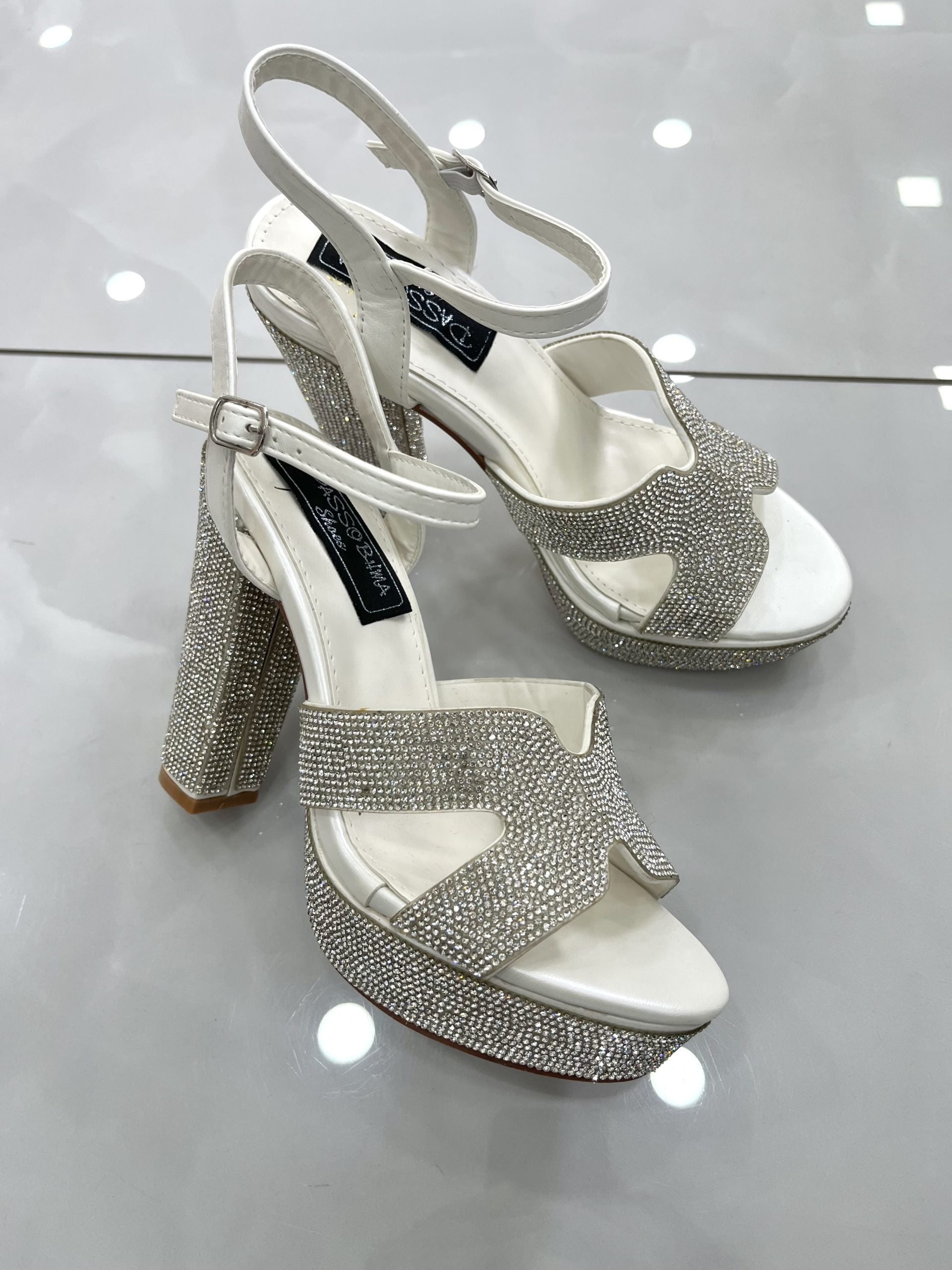 Heels Πέδιλο με Χοντρό Ψηλό Τακούνι και Φιάπα Strass White
