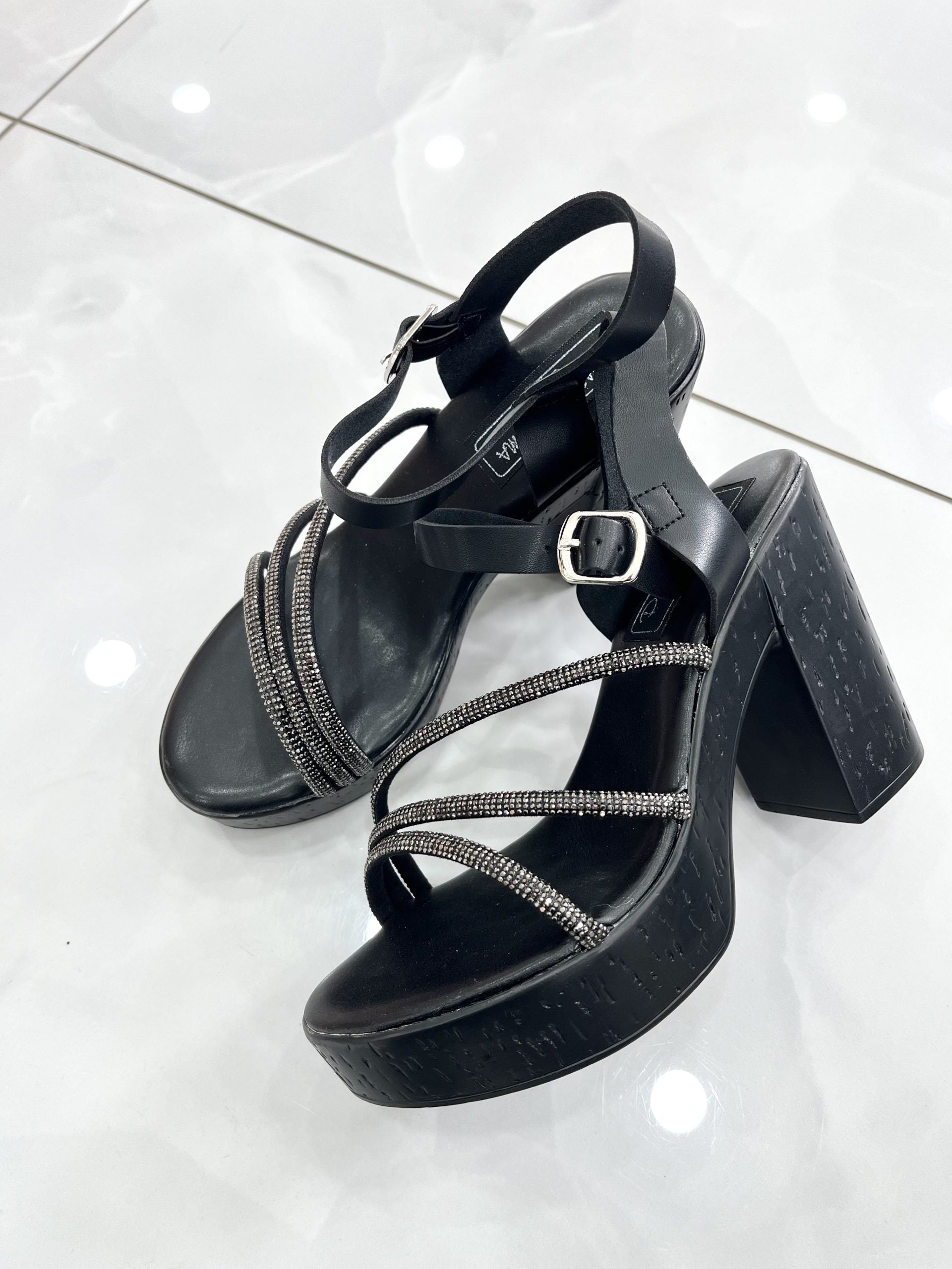Heels Πέδιλο με Χοντρό Ψηλό Τακούνι τύπου Τσόκαρο και Strass Black
