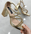 Heels Πέδιλο με Χοντρό Ψηλό Τακούνι και Strass Gold
