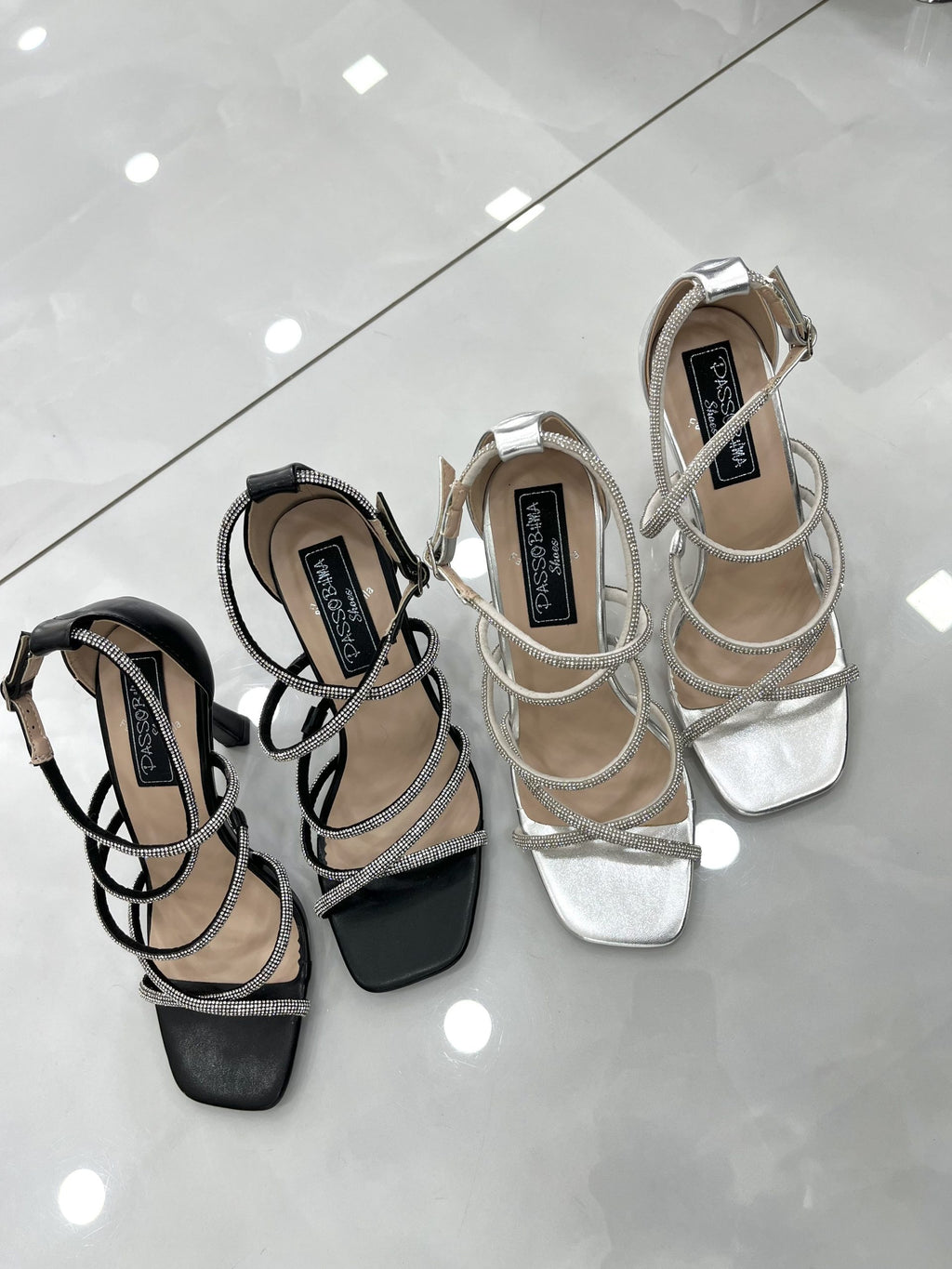 Heels Πέδιλο Αμπιγέ με Λεπτό Μεσαίο Τακούνι και Strass Silver