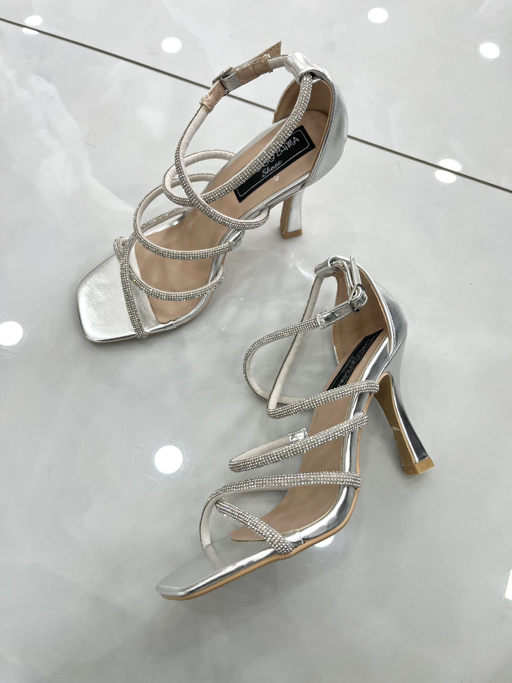 Heels Πέδιλο Αμπιγέ με Λεπτό Μεσαίο Τακούνι και Strass Silver