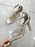 Heels Πέδιλο Αμπιγέ με Λεπτό Μεσαίο Τακούνι και Strass Silver