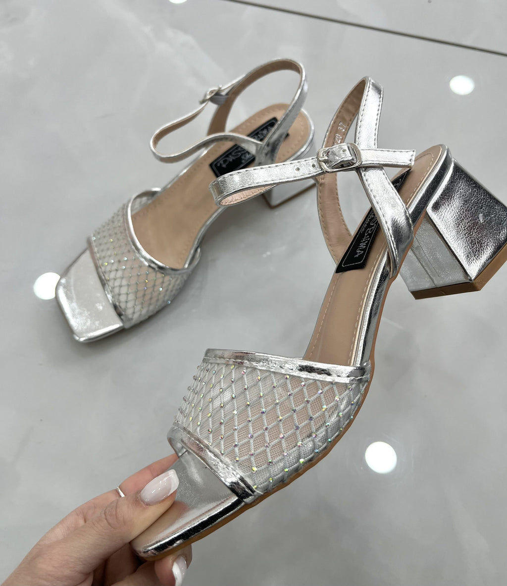 Heels Πέδιλο Αμπιγέ με Χοντρό Μεσαίο Τακούνι και Δαντέλα Silver