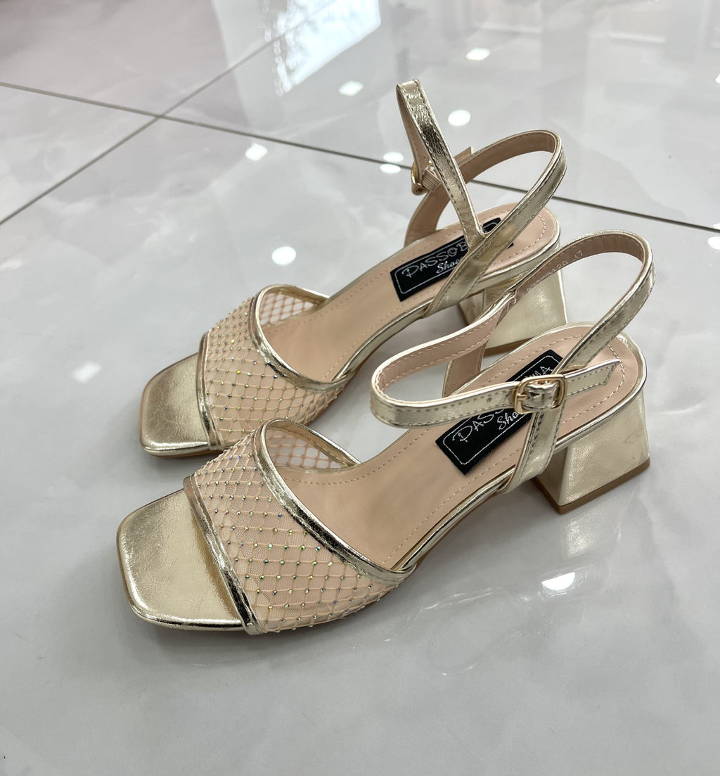 Heels Πέδιλο Αμπιγέ με Χοντρό Μεσαίο Τακούνι και Δαντέλα Gold