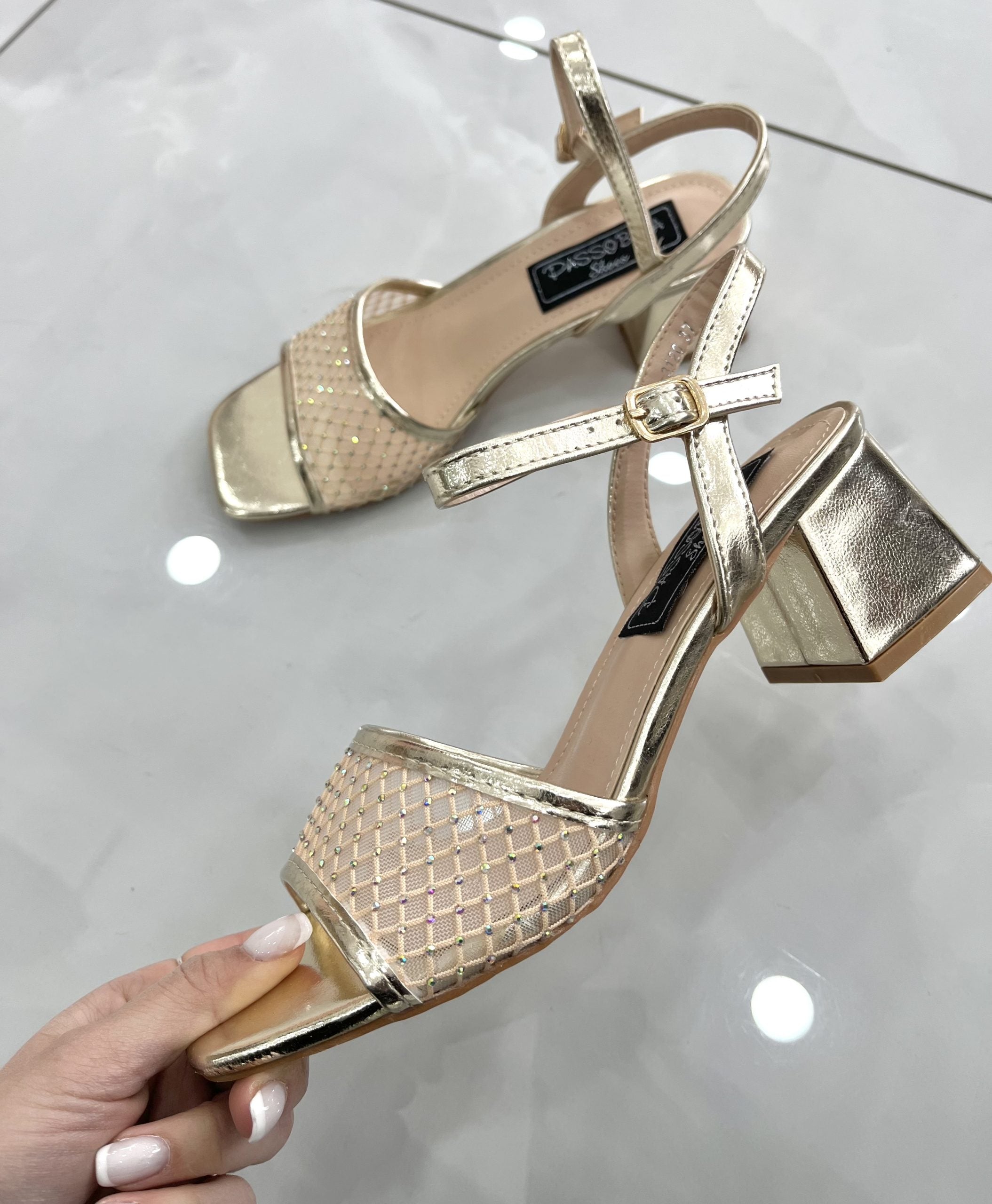 Heels Πέδιλο Αμπιγέ με Χοντρό Μεσαίο Τακούνι και Δαντέλα Gold