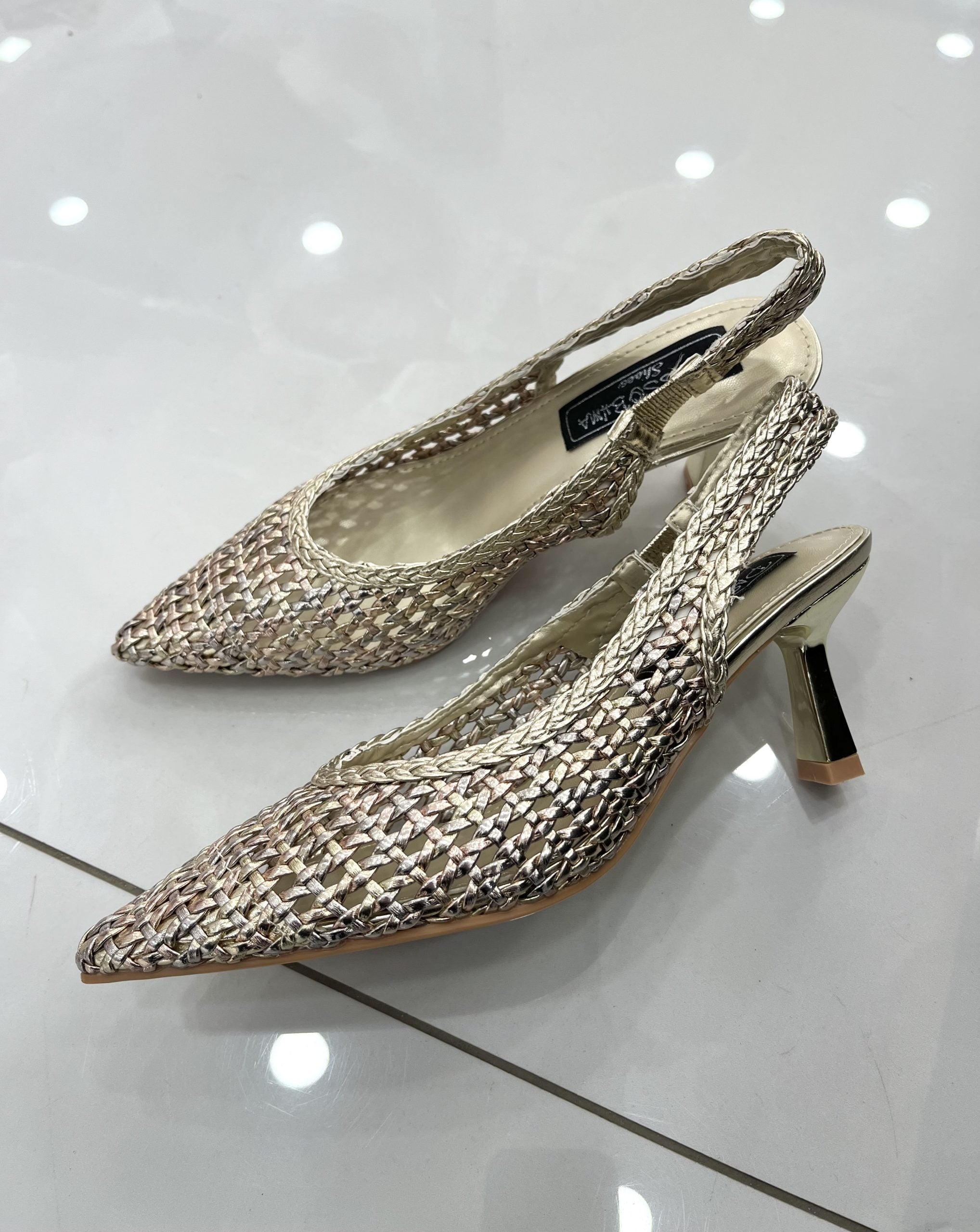 Heels Mule Πλεκτό με Μεσαίο Λεπτό Τακούνι Gold