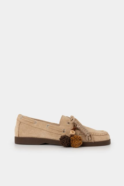 Adrea Μοκασίνια Suede Μπεζ με Διακοσμητικά Pom-Pom