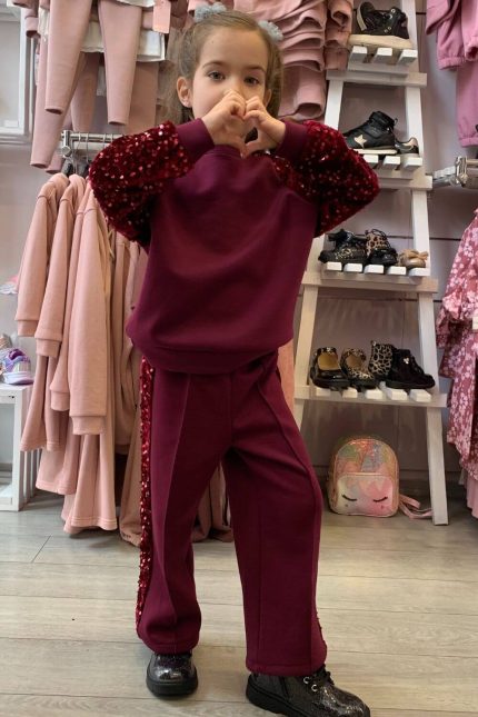 Mery Παιδικό Σετ φόρμας με παγιέτες μπορντό