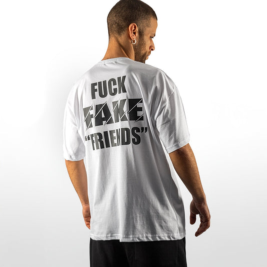 Oversize Λευκό T-Shirt NEW MIND – Fuck Fake Friends Print