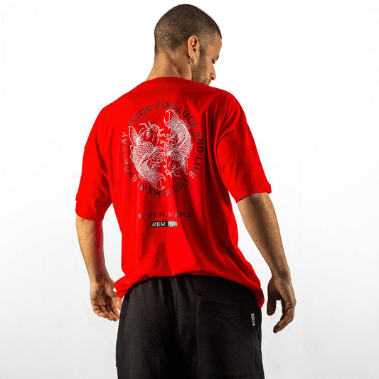 Oversize T-Shirt NEW MIND σε Κόκκινο & Μπεζ – 100% Βαμβάκι