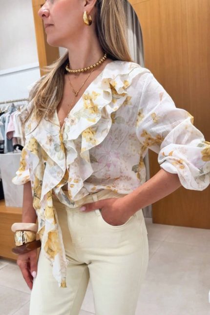 Πουκάμισο Rosalie Floral Βολάν Μπεζ