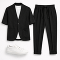Μαύρο ανδρικό  Σετ Σακάκι Κοντομάνικο & Παντελόνι με ζώνη στη μέση