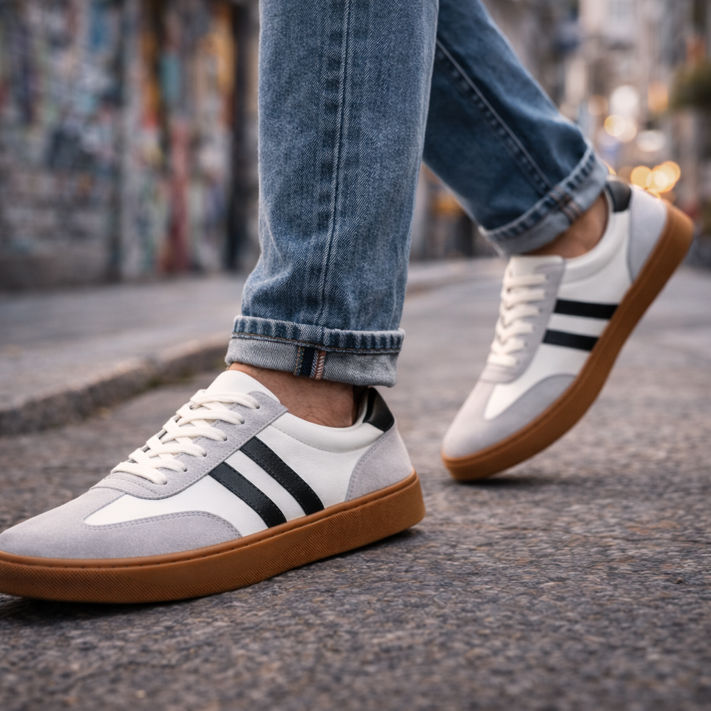 Ανδρικά παπούτσια  Sneakers Λευκά με Μαύρες Ρίγες & Gum Σόλα