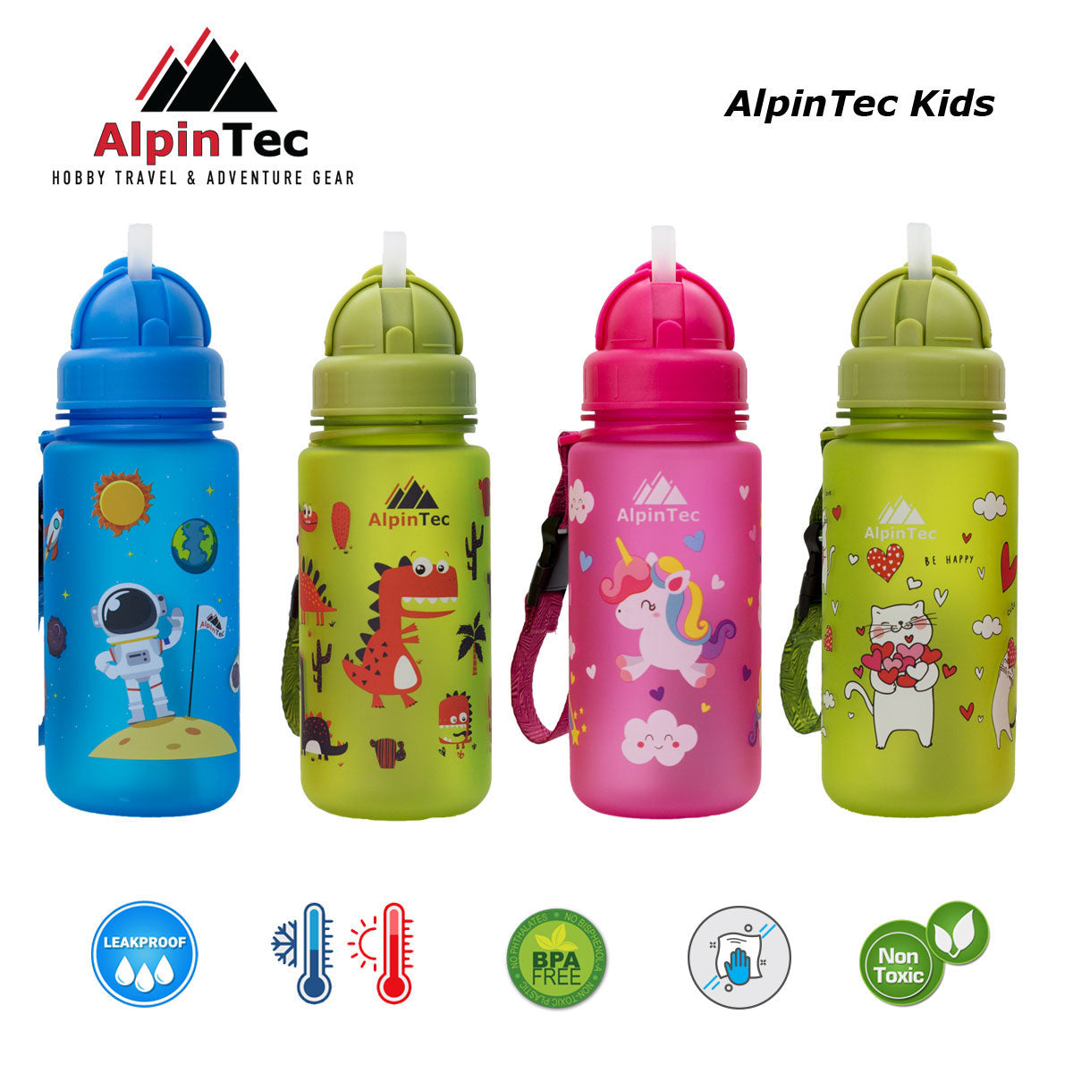 AlpinTec Παγούρι Kids 400Ml Δεινόσαυροι Με Καλαμάκι λαχανί  C-400GN-DIN