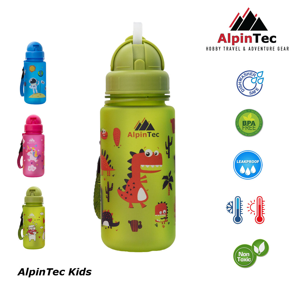 AlpinTec Παγούρι Kids 400Ml Δεινόσαυροι Με Καλαμάκι λαχανί  C-400GN-DIN