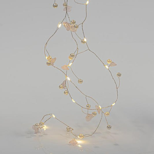 20 Mini Led, Σειρά, με Ακρυλικά Λουλούδια και Πέρλες, Μπαταρίας 2xAA, Timer, Ασημί Χάλκινο Καλώδιο , Θερμό Λευκό Led ανα 7.5εκ., Προέκταση Παροχής 50εκ., IP20