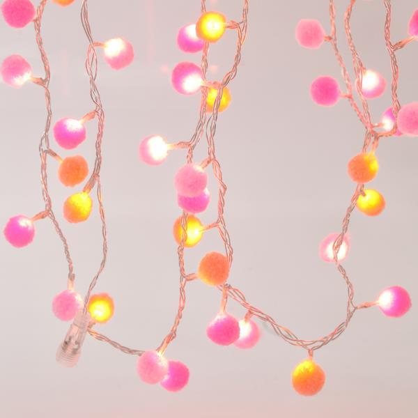 100 Led Σειρά 3mm, Θερμά με Λευκές και Ροζ Υφασμάτινες Μπάλες Μετασχηματιστή και Επεκτεινόμενη Προέκταση Παροχής 300εκ. Διάφανο Καλώδιο ανα 5εκ., IP44