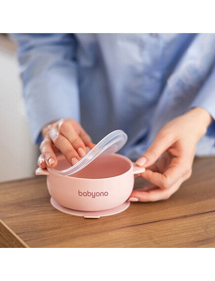 BabyOno: Μπολάκι σιλικόνης με λαβές, καπάκι &amp; βάση με βεντούζα - Ροζ BN1662/02