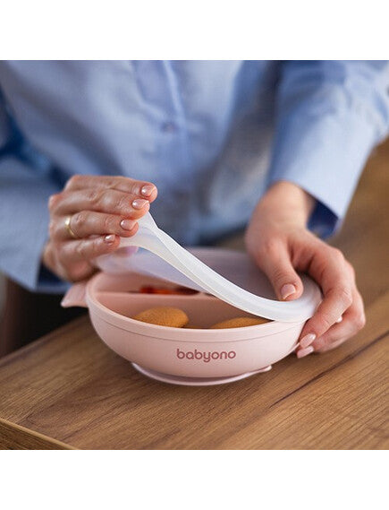 BabyOno: Πιάτο σιλικόνης με 3 θέσεις, καπάκι &amp; βάση με βεντούζα - Ροζ BN1661/02