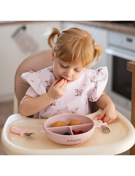BabyOno: Πιάτο σιλικόνης με 3 θέσεις, καπάκι &amp; βάση με βεντούζα - Ροζ BN1661/02