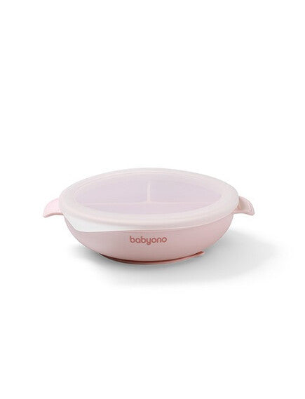 BabyOno: Πιάτο σιλικόνης με 3 θέσεις, καπάκι &amp; βάση με βεντούζα - Ροζ BN1661/02