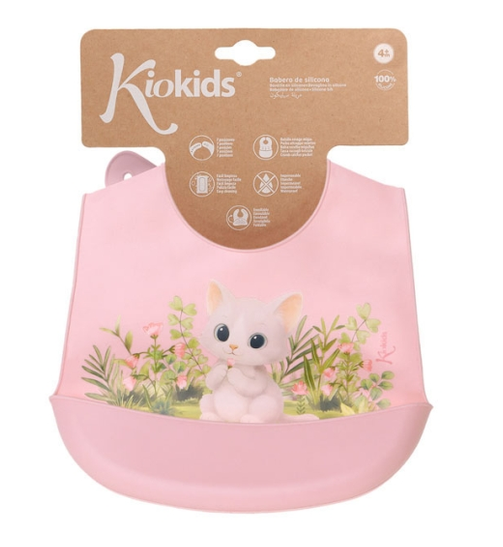 Kiokids Σαλιάρα Σιλικόνης με τσέπη Γατάκι ροζ 6652