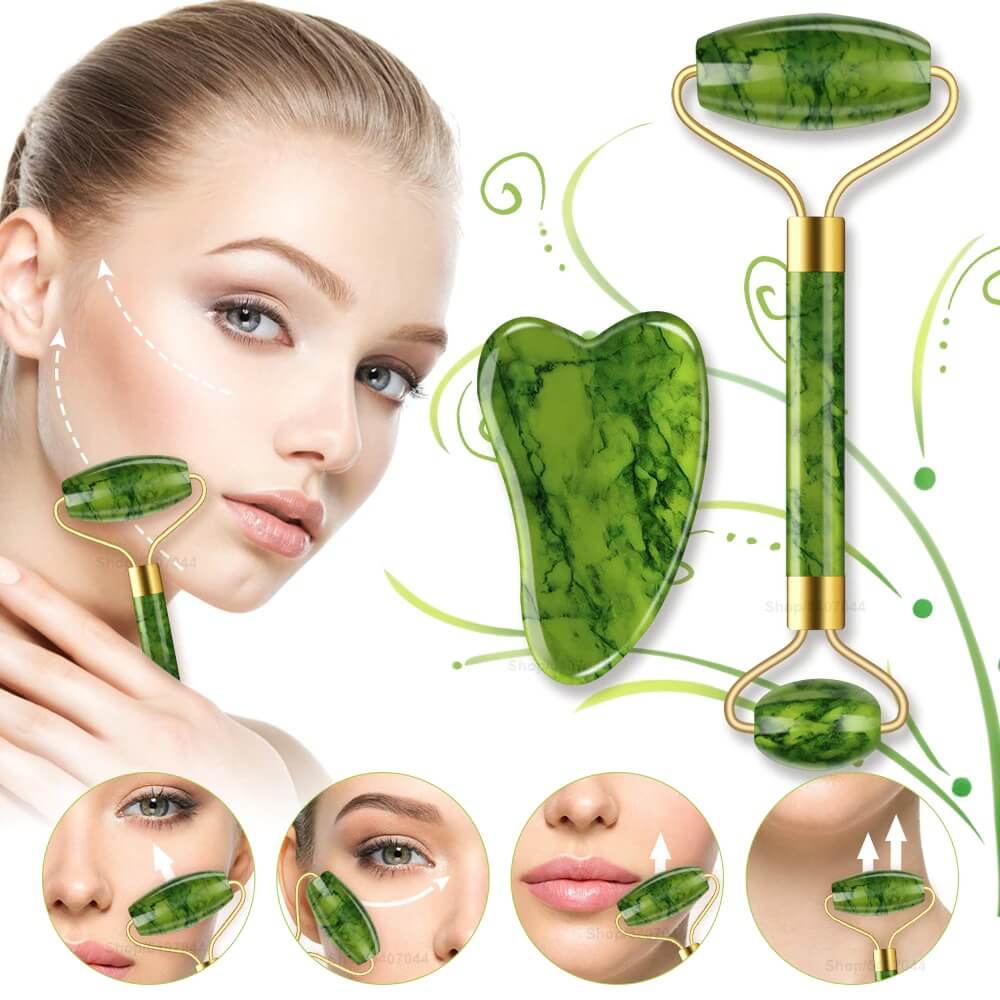 Σετ μασαζ προσώπου για αντιγήρανση Jade Roller &amp; Gua Sha