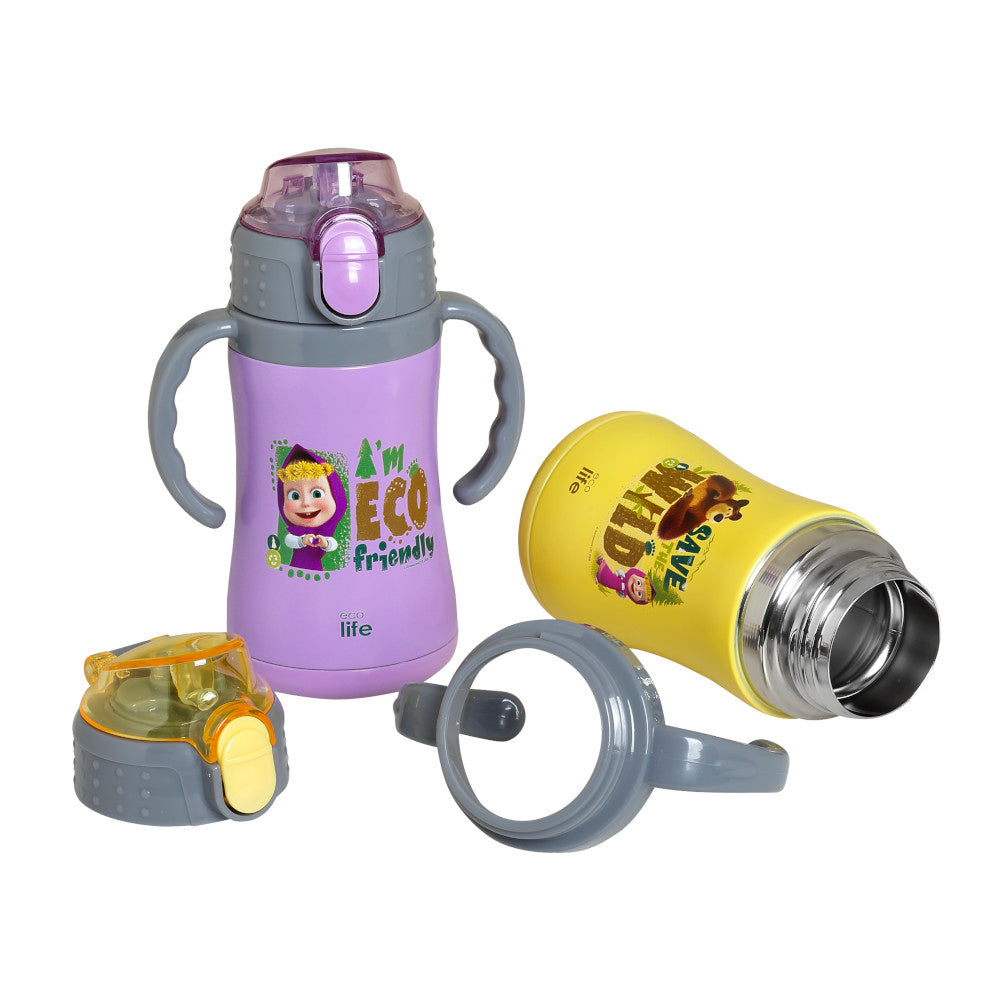 Ecolife Παιδικό Θερμός με Καλαμάκι 300ml Masha -Save The Wild κίτρινο 33-BO-2123