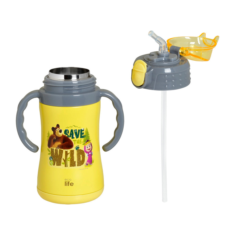 Ecolife Παιδικό Θερμός με Καλαμάκι 300ml Masha -Save The Wild κίτρινο 33-BO-2123