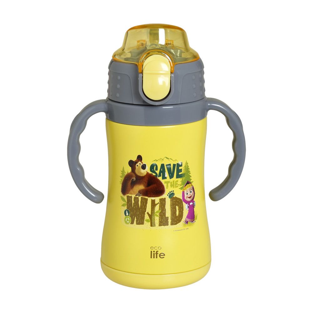 Ecolife Παιδικό Θερμός με Καλαμάκι 300ml Masha -Save The Wild κίτρινο 33-BO-2123