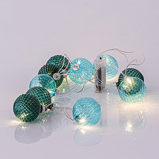 10 Led Σειρά 5mm, με Πράσινες Γυάλινες Μπάλες 6εκ., Μπαταρίας 3xΑΑ, Διάφανο PVC Καλώδιο, Θερμά Λευκά Led ανα 15εκ., Προέκταση Παροχής 50εκ., IP20