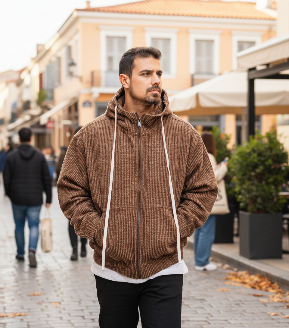 Oversized καφέ ζακέτα με κουκούλα και ανάγλυφη υφή
