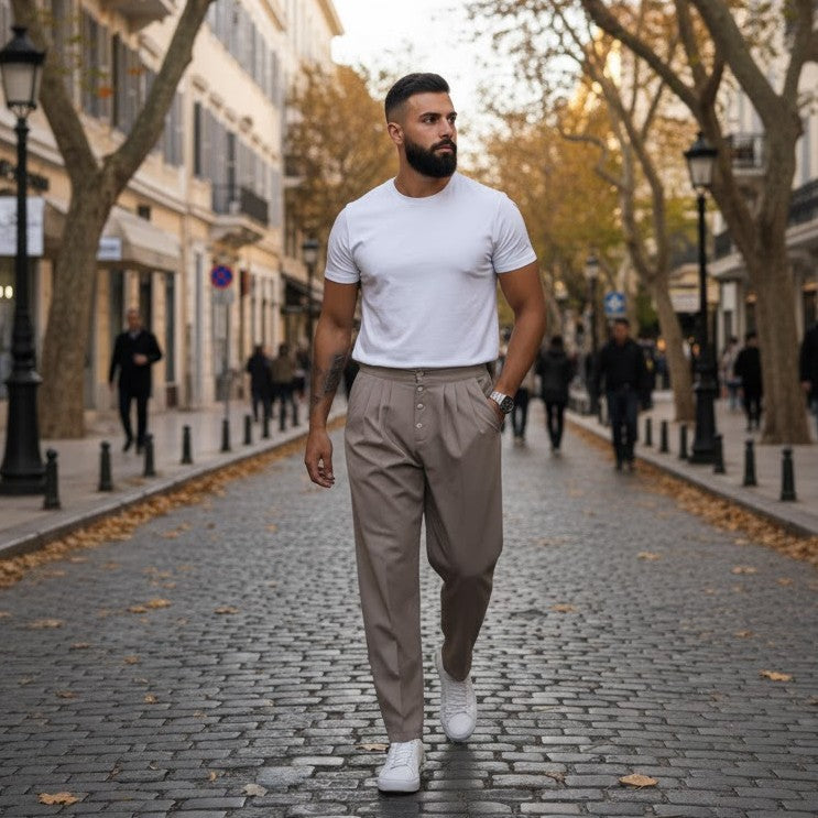 Ανδρικό παντελόνι με πιέτες και κουμπιά - Tapered