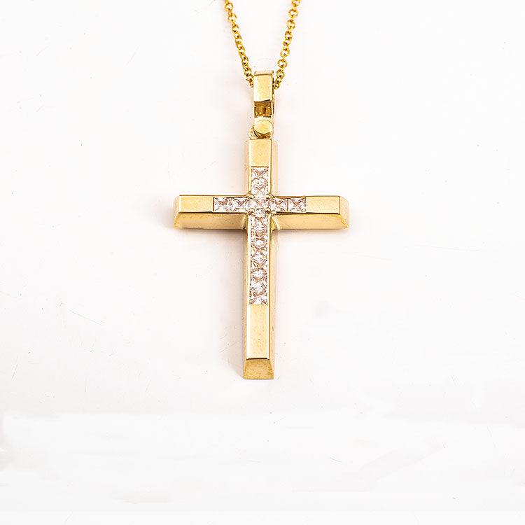 Ιδιαίτερος χρυσός σταυρός και αλυσίδα Κ14 με τετράγωνες πέτρες.