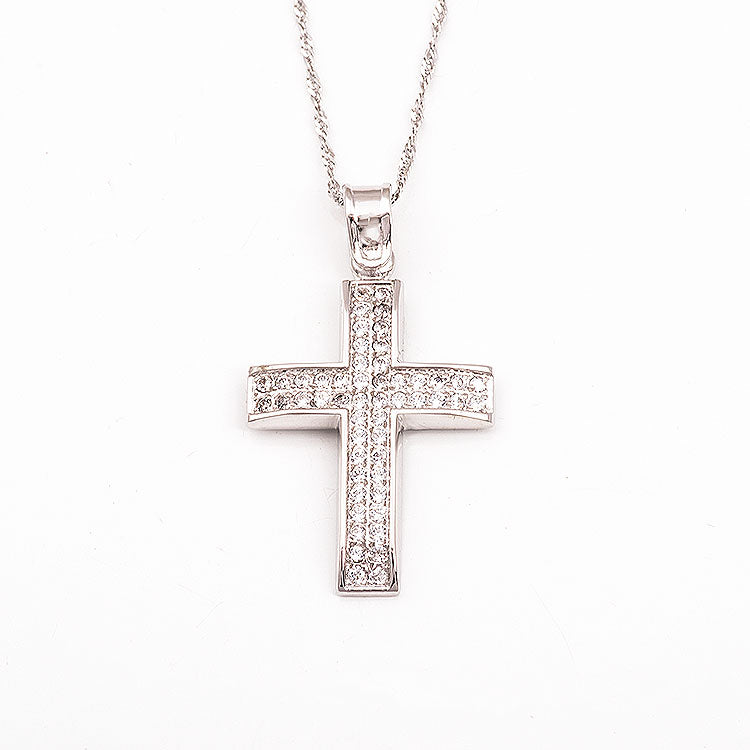 Πολύπετρος λευκόχρυσος σταυρός και αλυσίδα Κ14.