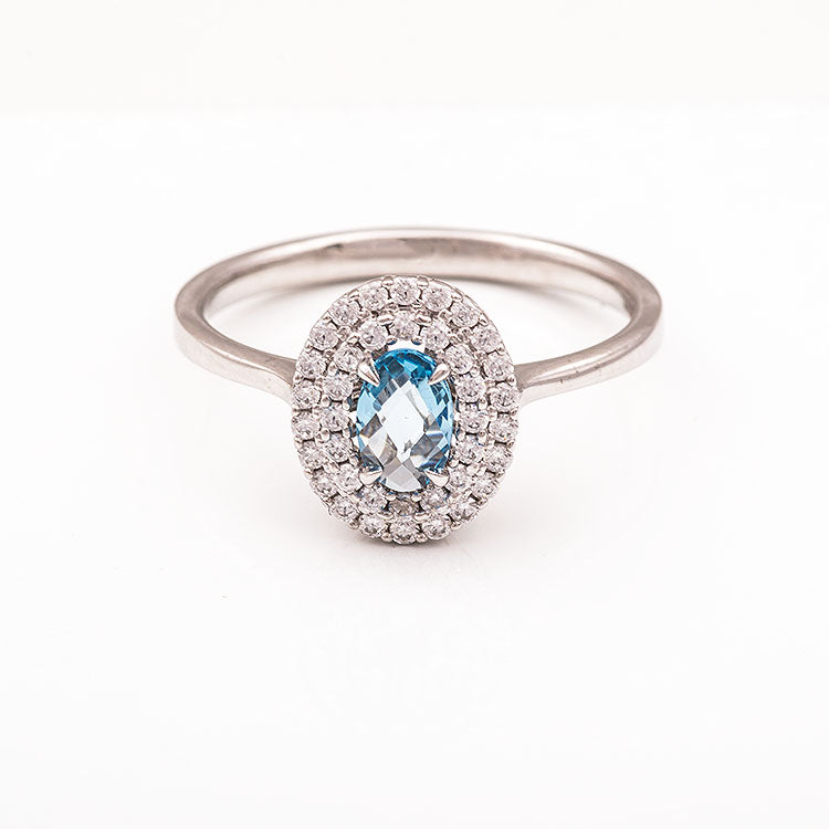 Λευκόχρυσο δαχτυλίδι Κ14 ροζέτα με πέτρα blue topaz Νο 55.