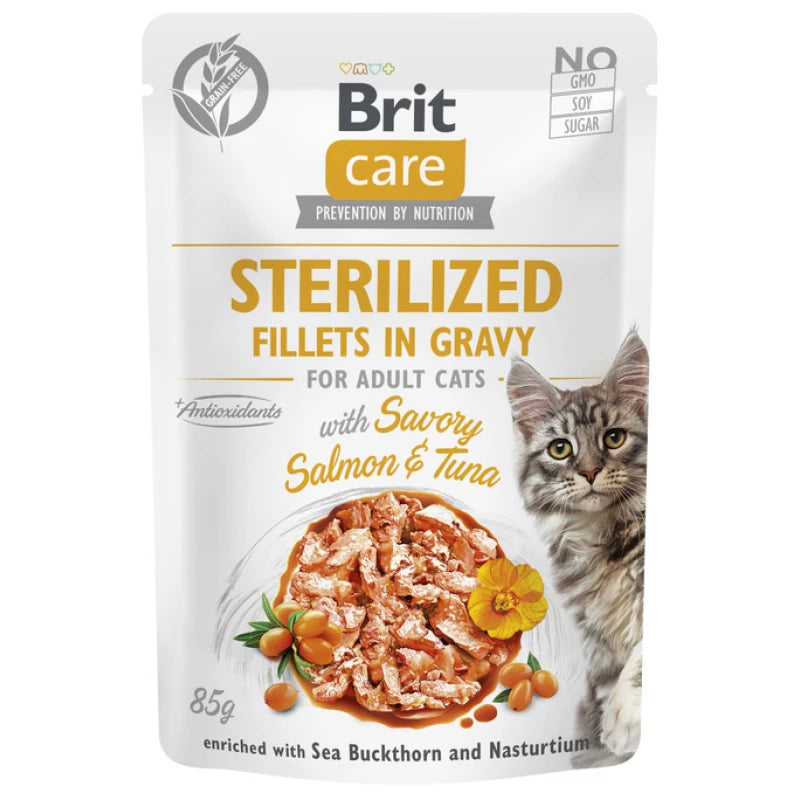 BRIT CARE ΦΑΚΕΛΑΚΙ ΓΑΤΑΣ STERILISED SALMON & TUNA FILLETS IN GRAVY 85GR